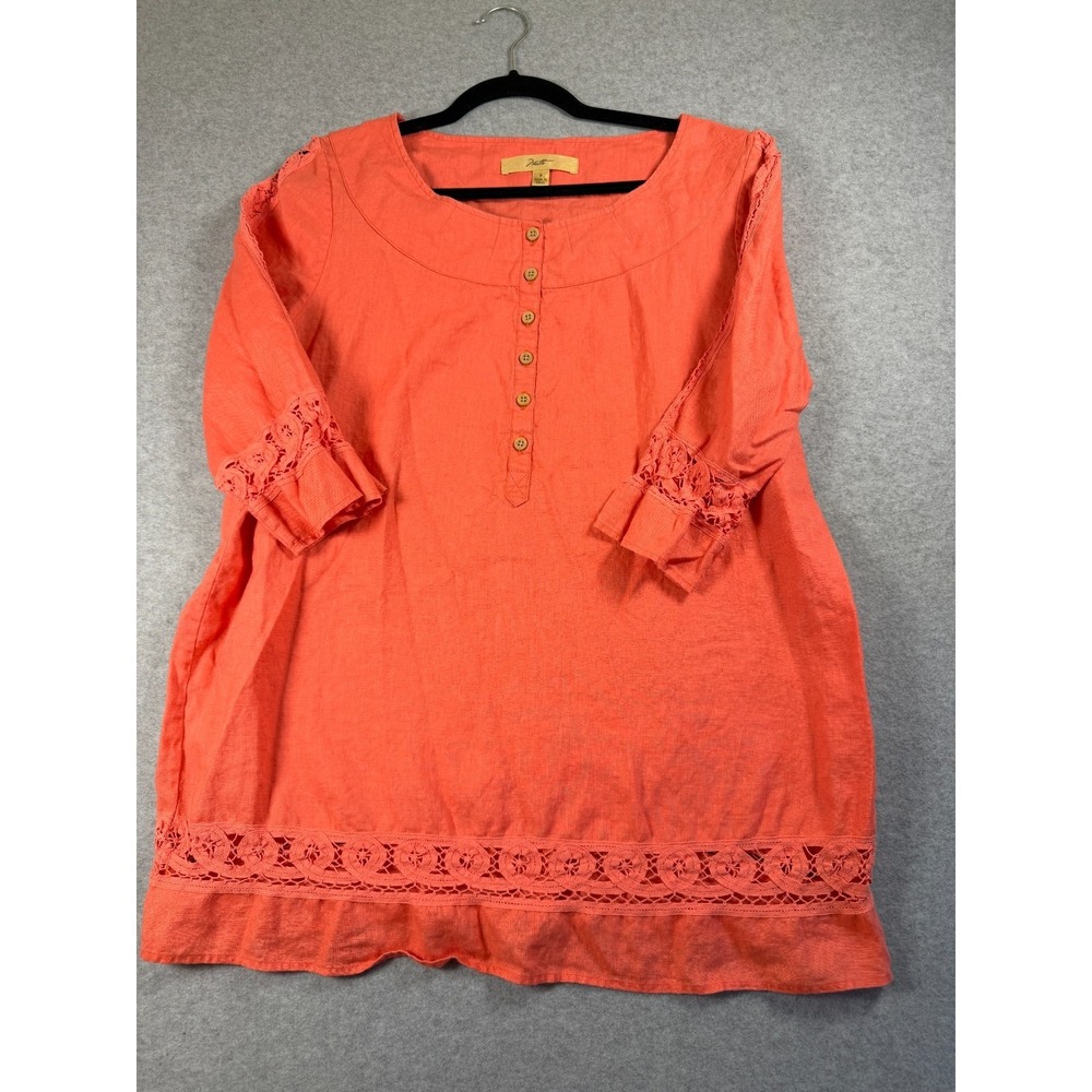 MOTTO Women's Coral Orange 100% Linen Lace Tunic Top‎ M Oversized SKU 213